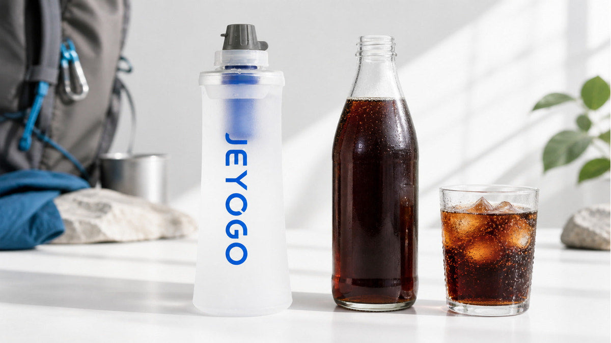 A generic cola bottle beside a JEYOGO collapsible water filter bottle