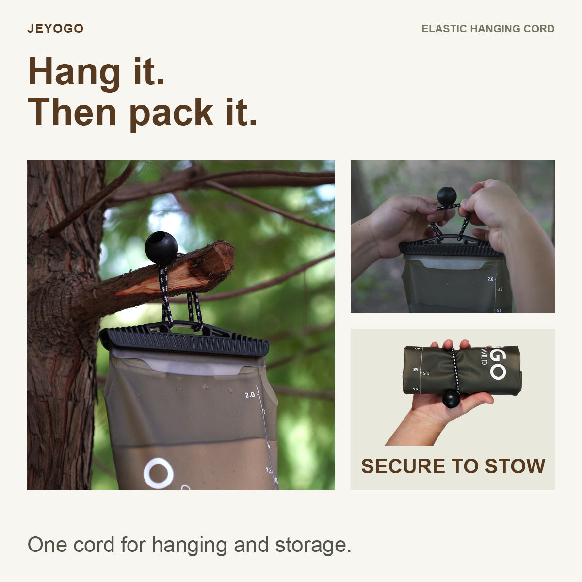 Elastic cord for hanging the water filtration system and wrapping it for storage