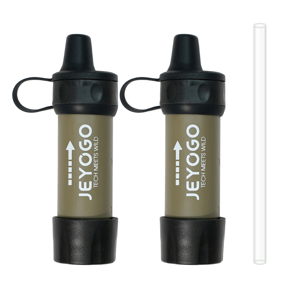 Two JEYOGO mini water filter straws and the included silicone extension tube on white background