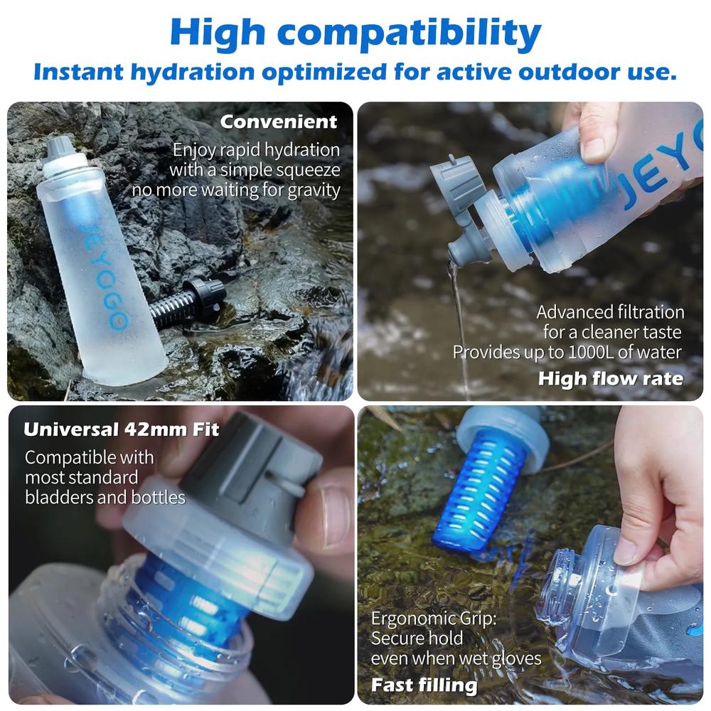 JEYOGO Collapsible Water Filter Bottle – 1L Outdoor Water Filtration Bladder with EPA Registered & BPA-Free Safe Material for Hiking, Trail Running, Cycling, and Camping